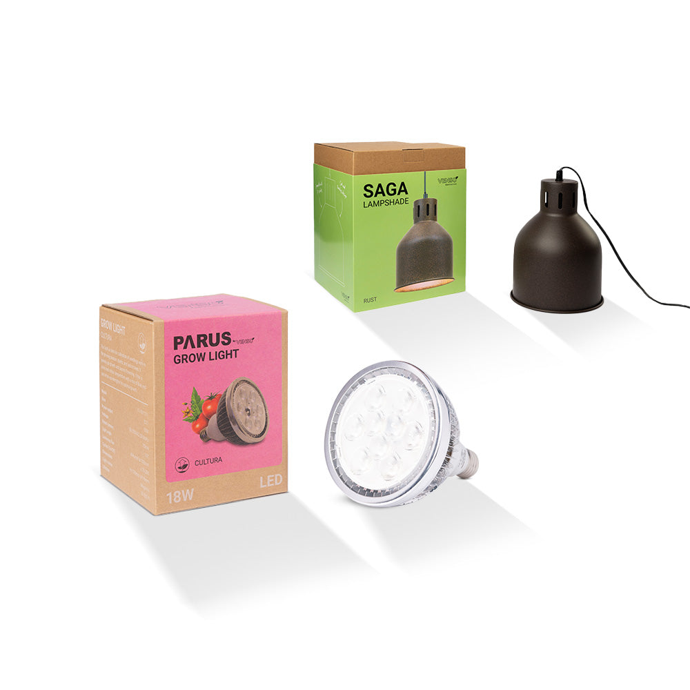 E27 Pflanzenlampe “cultura” mit dem SAGA Lampenschirm im Vorteilspaket