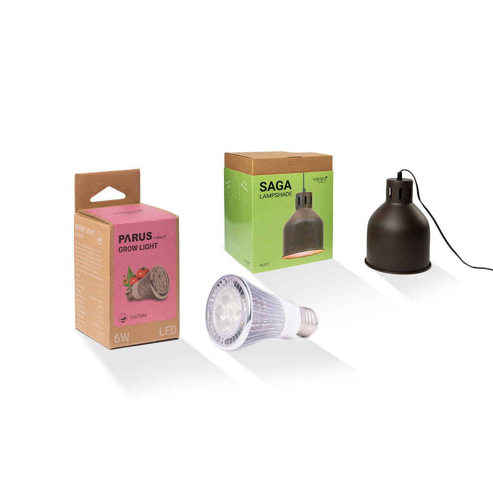 E27 Pflanzenlampe “cultura” mit dem SAGA Lampenschirm im Vorteilspaket