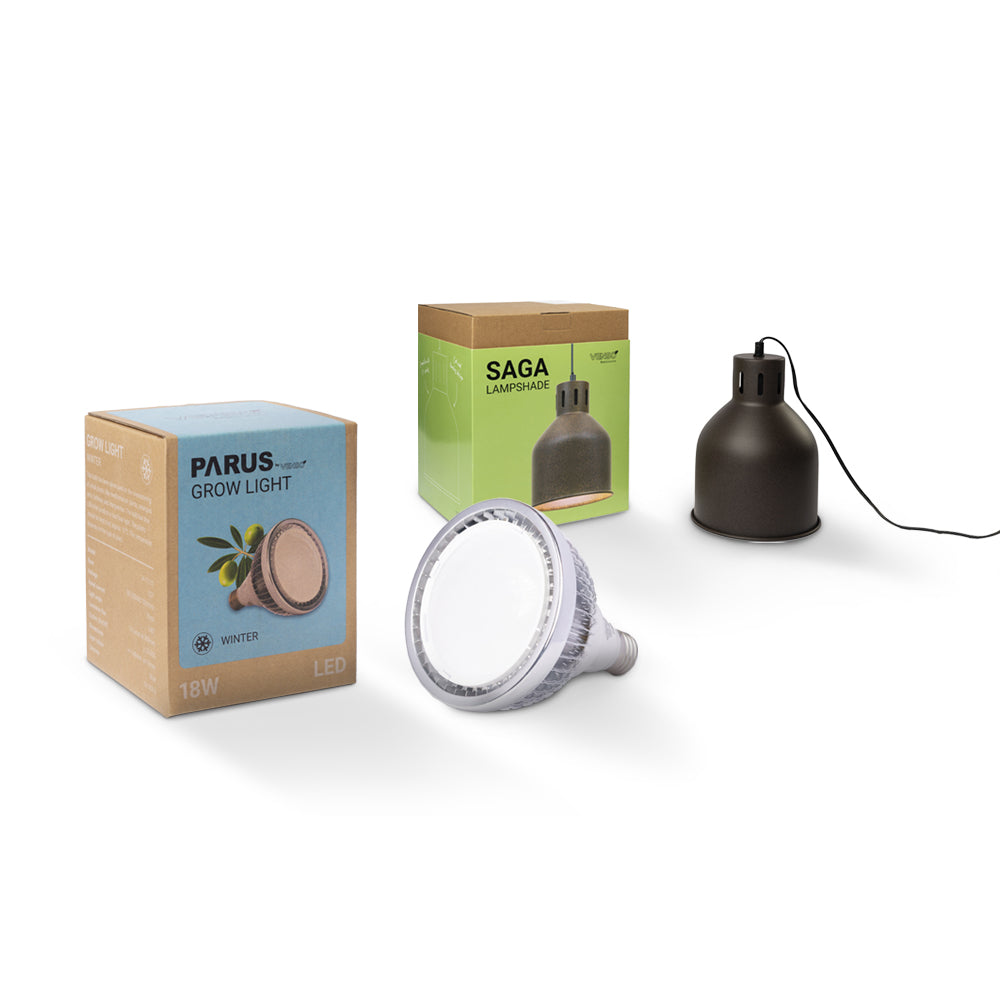 E27 Pflanzenlampe “winter” mit dem SAGA Lampenschirm im Vorteilspaket