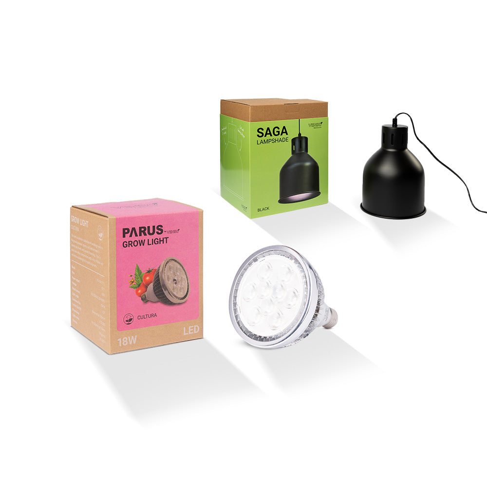 E27 Pflanzenlampe “cultura” mit dem SAGA Lampenschirm im Vorteilspaket