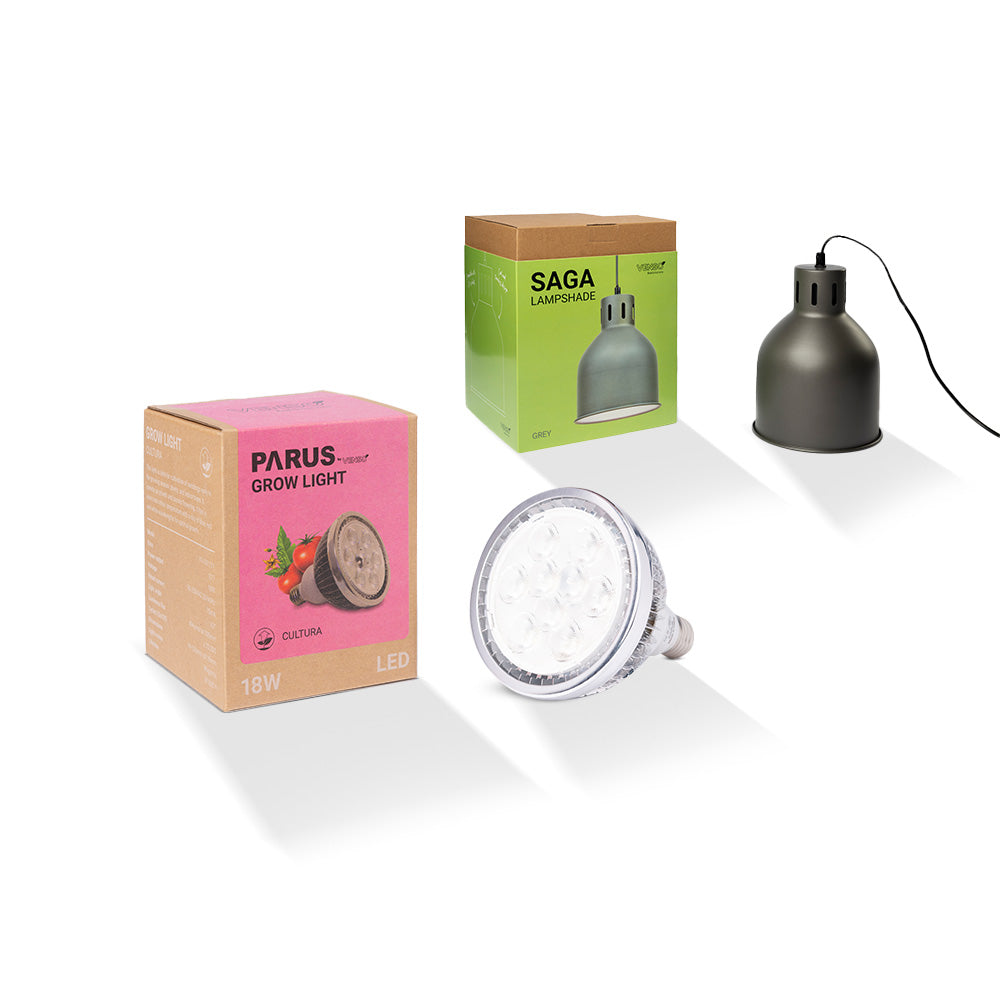 E27 Pflanzenlampe “cultura” mit dem SAGA Lampenschirm im Vorteilspaket