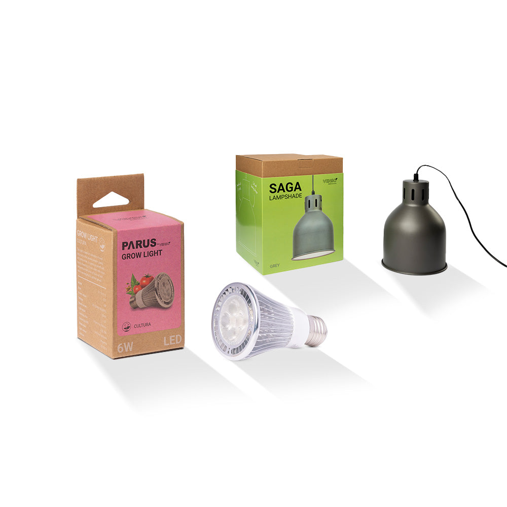 E27 Pflanzenlampe “cultura” mit dem SAGA Lampenschirm im Vorteilspaket